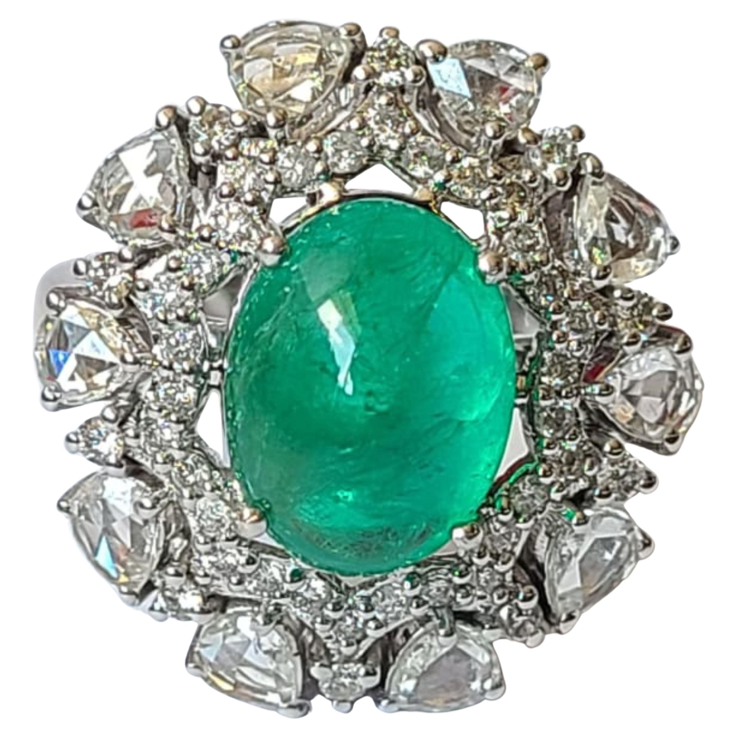 Set in 18K Gold, Natural Columbian Emerald & Rose Cut Diamonds Engagement Ring