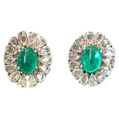 Set in 18k Gold, Natural Columbian Emerald & Rose Cut Diamonds Stud Earrings