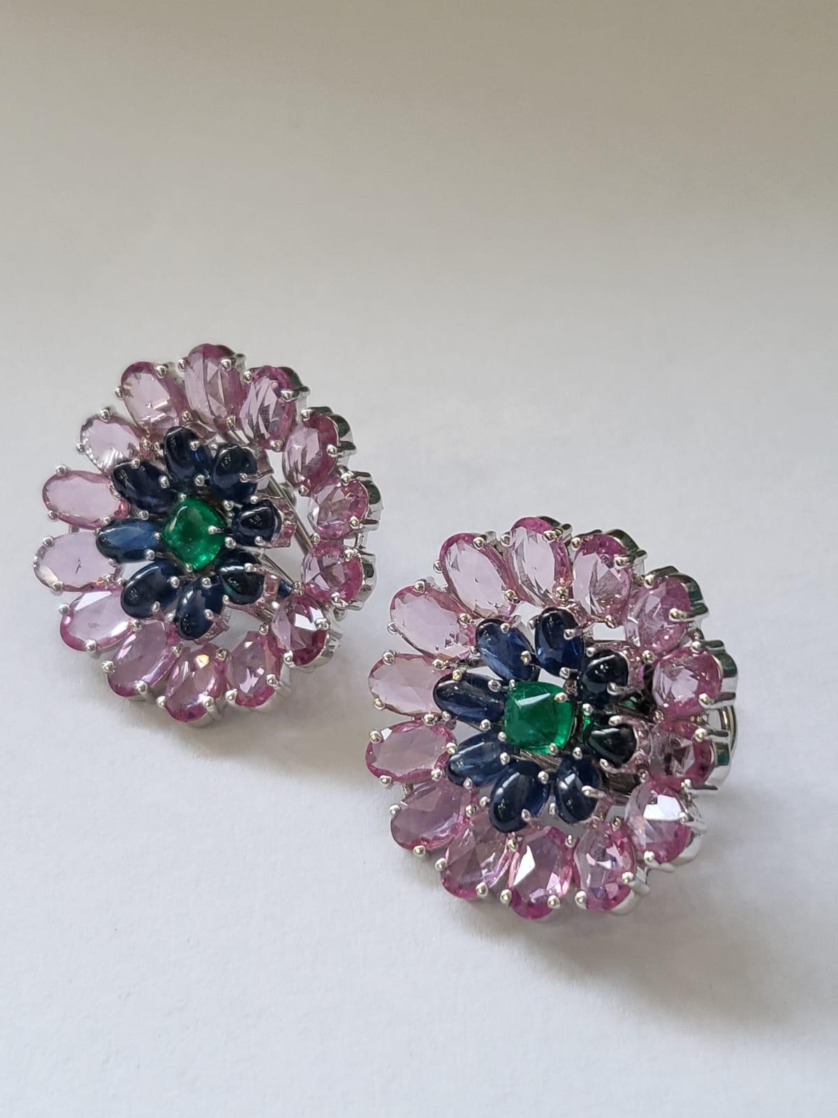 Sugarloaf Cabochon Set in 18k Gold, Natural Emerald, Blue Sapphires & Pink Sapphires Stud Earrings