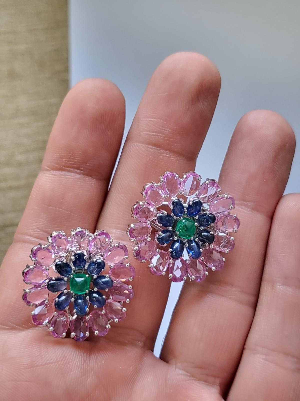 Set in 18k Gold, Natural Emerald, Blue Sapphires & Pink Sapphires Stud Earrings In New Condition In Hong Kong, HK