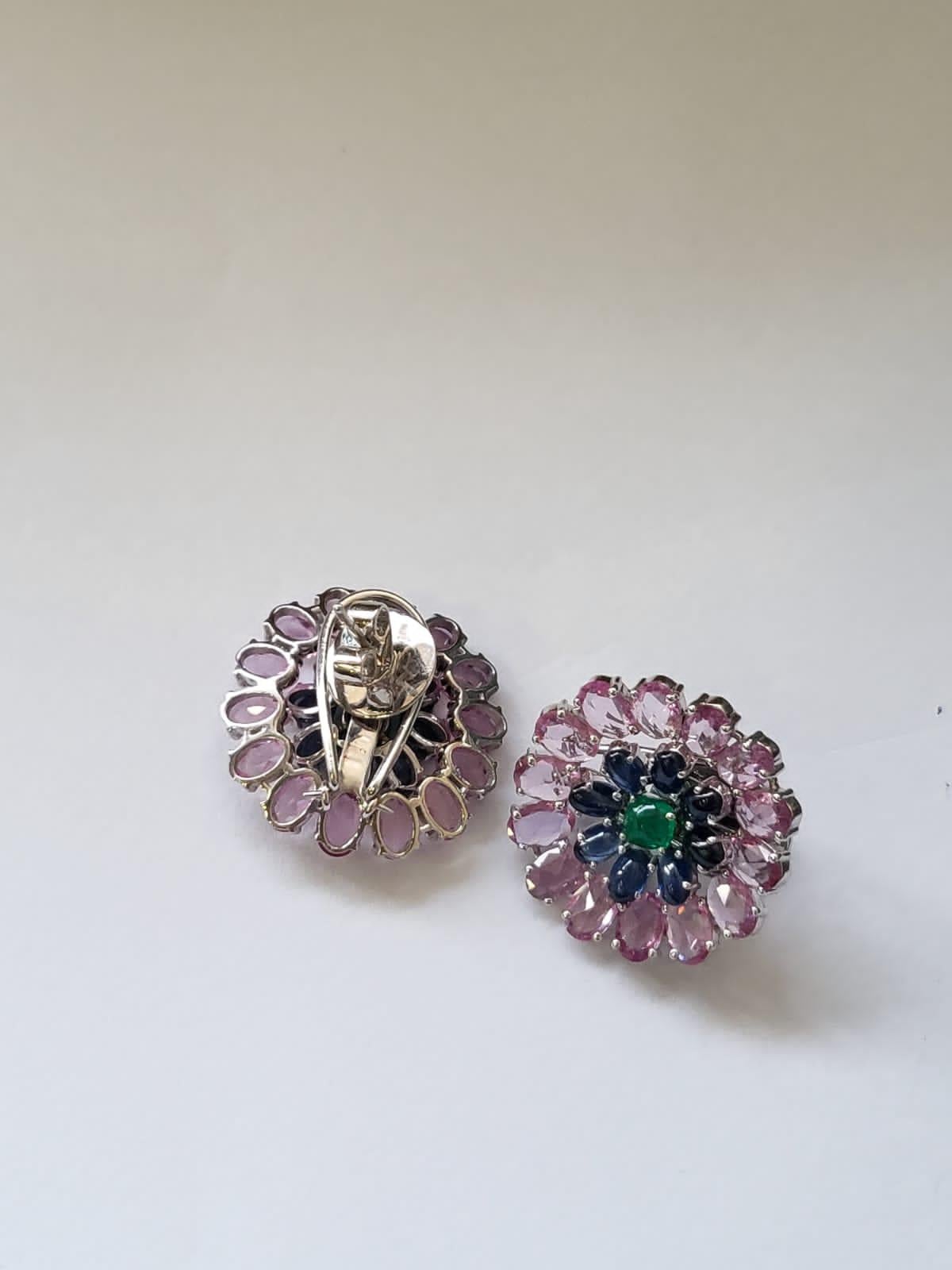 Women's or Men's Set in 18k Gold, Natural Emerald, Blue Sapphires & Pink Sapphires Stud Earrings