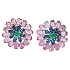 Set in 18k Gold, Natural Emerald, Blue Sapphires & Pink Sapphires Stud Earrings