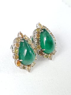 18 Karat Gold, Natural Emerald Cabochon with Natural Fancy Colour Diamonds