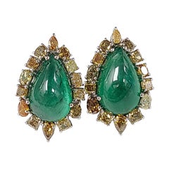 18 Karat Gold, Natural Emerald Cabochon with Natural Fancy Colour Diamonds