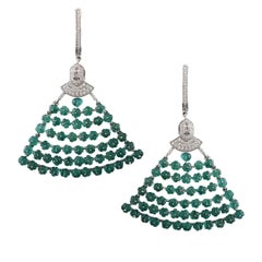 Set in 18K Gold, Natural Emerald Melons 
Diamond  Chandelier Earrings