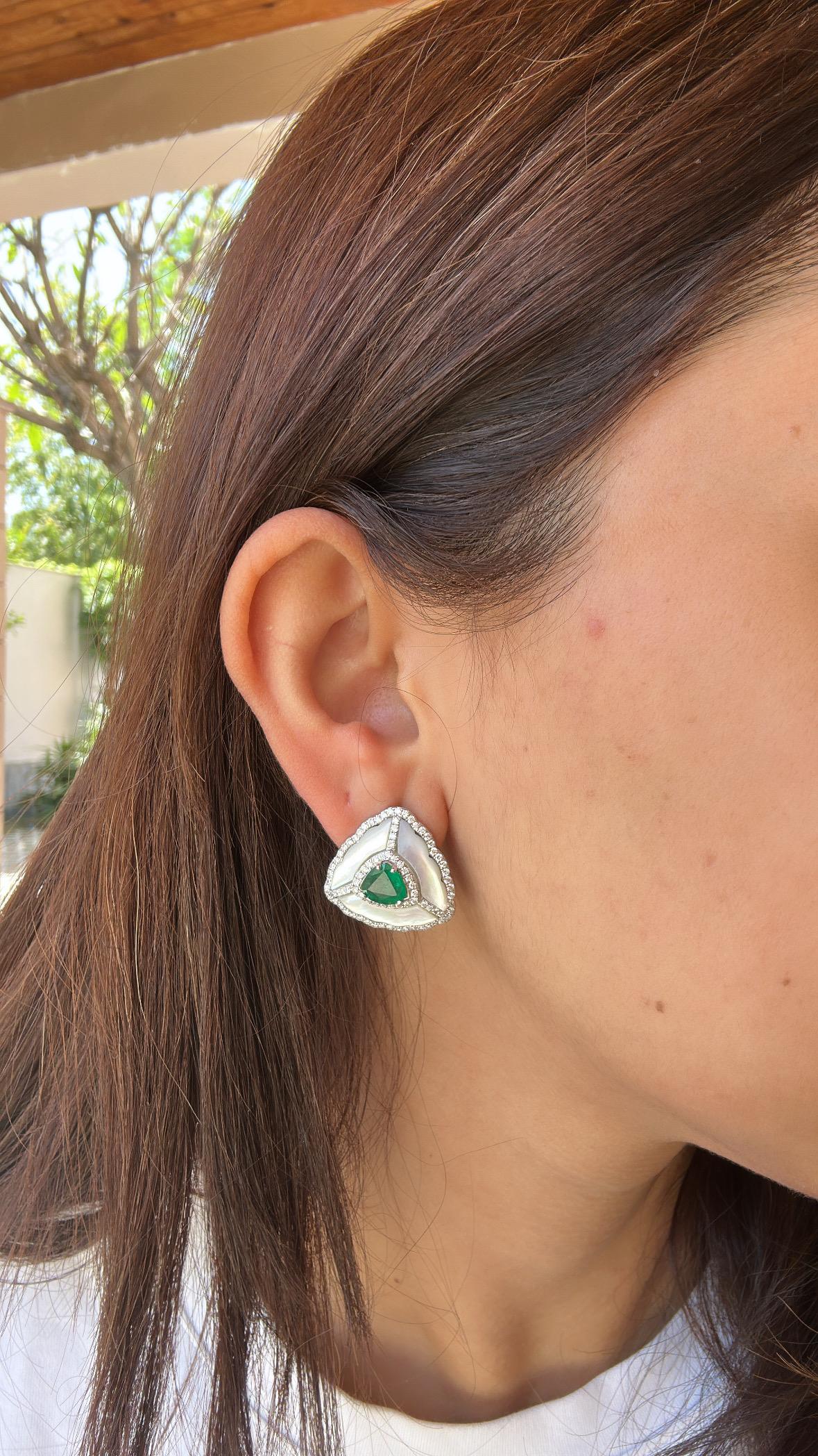 Set in 18K Gold, natural Emerald, Ruby, Mother of Pearl & Diamonds Stud Earrings For Sale 4