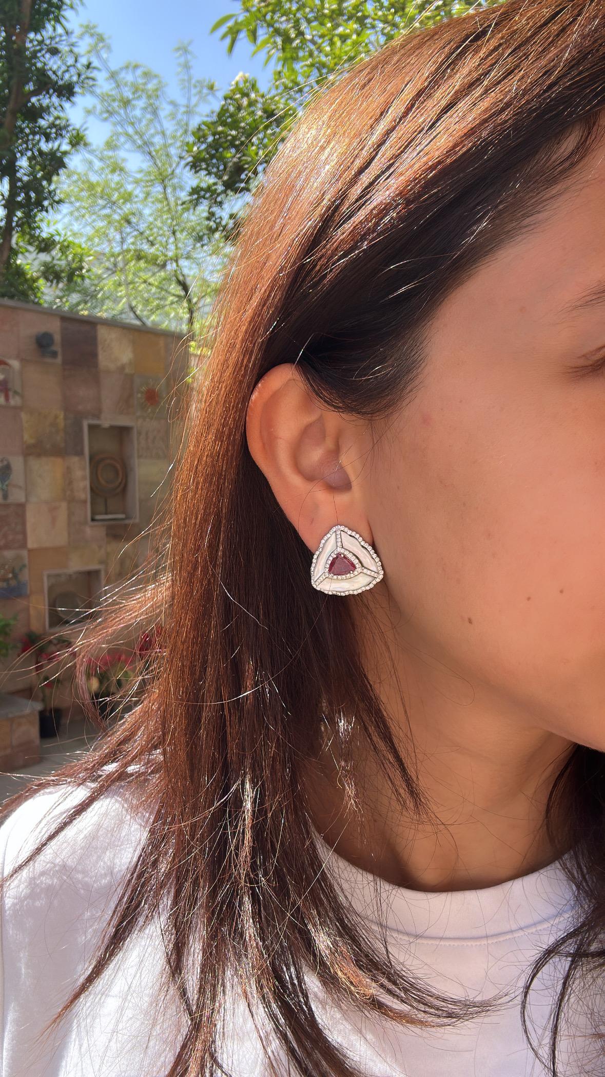 Set in 18K Gold, natural Emerald, Ruby, Mother of Pearl & Diamonds Stud Earrings For Sale 5