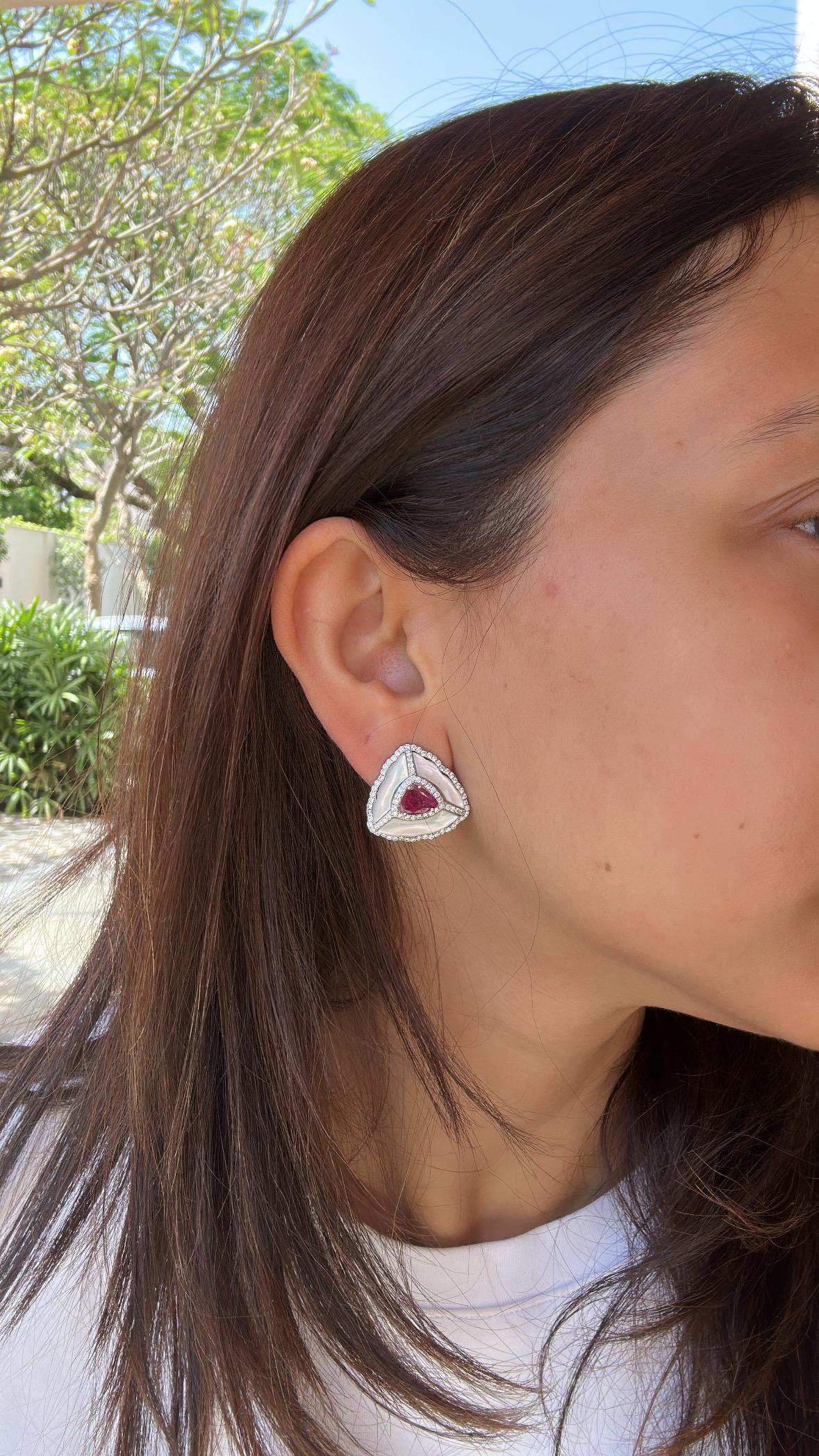 Set in 18K Gold, natural Emerald, Ruby, Mother of Pearl & Diamonds Stud Earrings For Sale 6