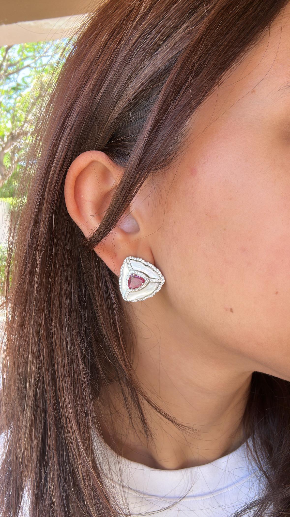 Set in 18K Gold, natural Emerald, Ruby, Mother of Pearl & Diamonds Stud Earrings For Sale 7