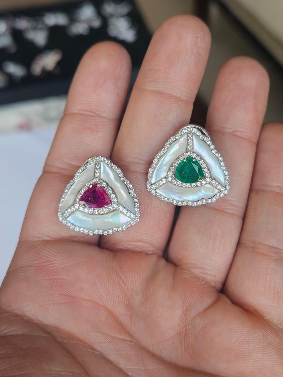 A very gorgeous and beautiful, modern style, Emerald, Ruby & Mother of Pearl Stud Earrings set in 18K White Gold & natural Diamonds. The weight of the Emerald is 0.87 carats. The Emerald is completely natural, without any treatment and are of