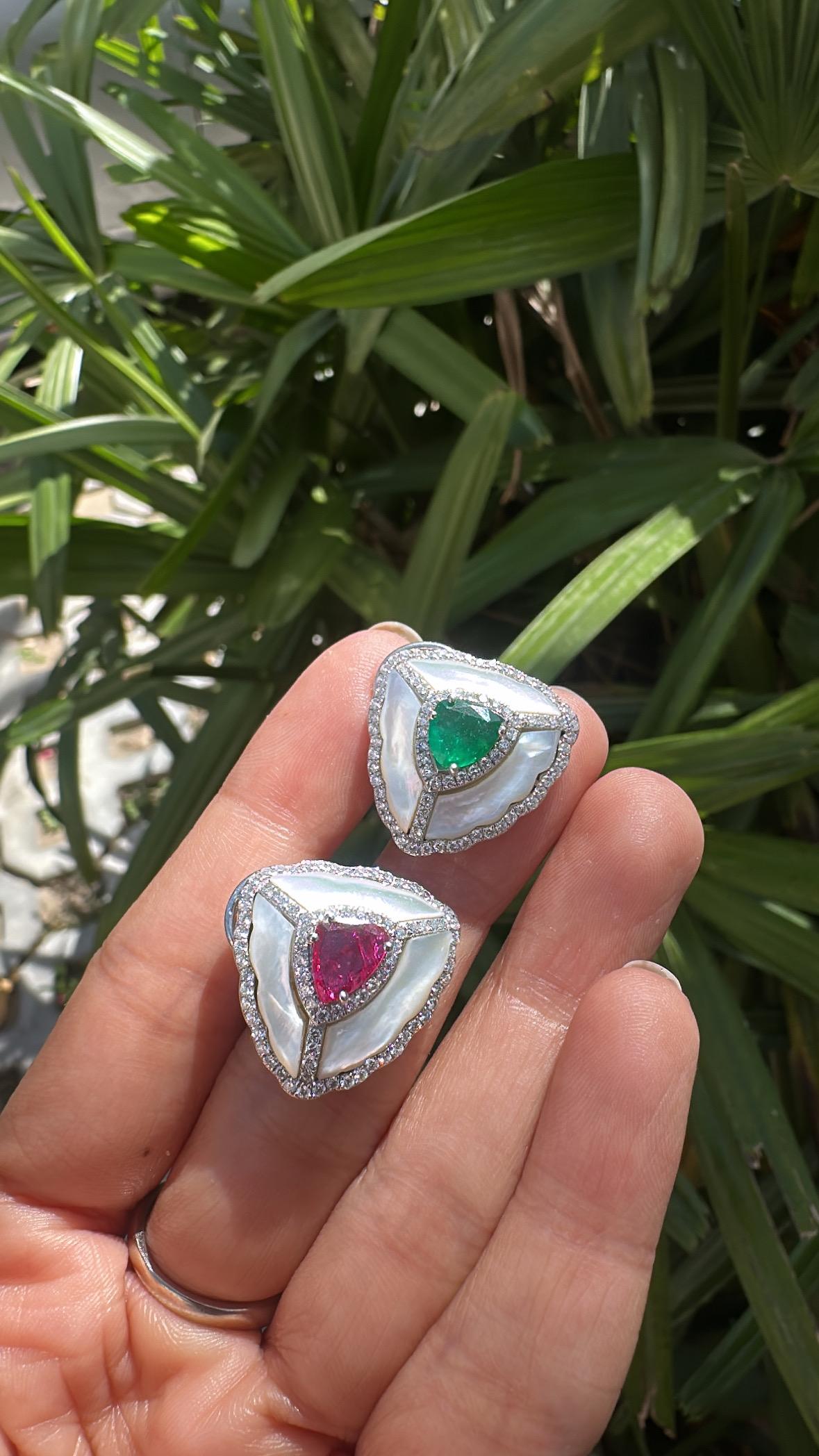 Set in 18K Gold, natural Emerald, Ruby, Mother of Pearl & Diamonds Stud Earrings For Sale 1