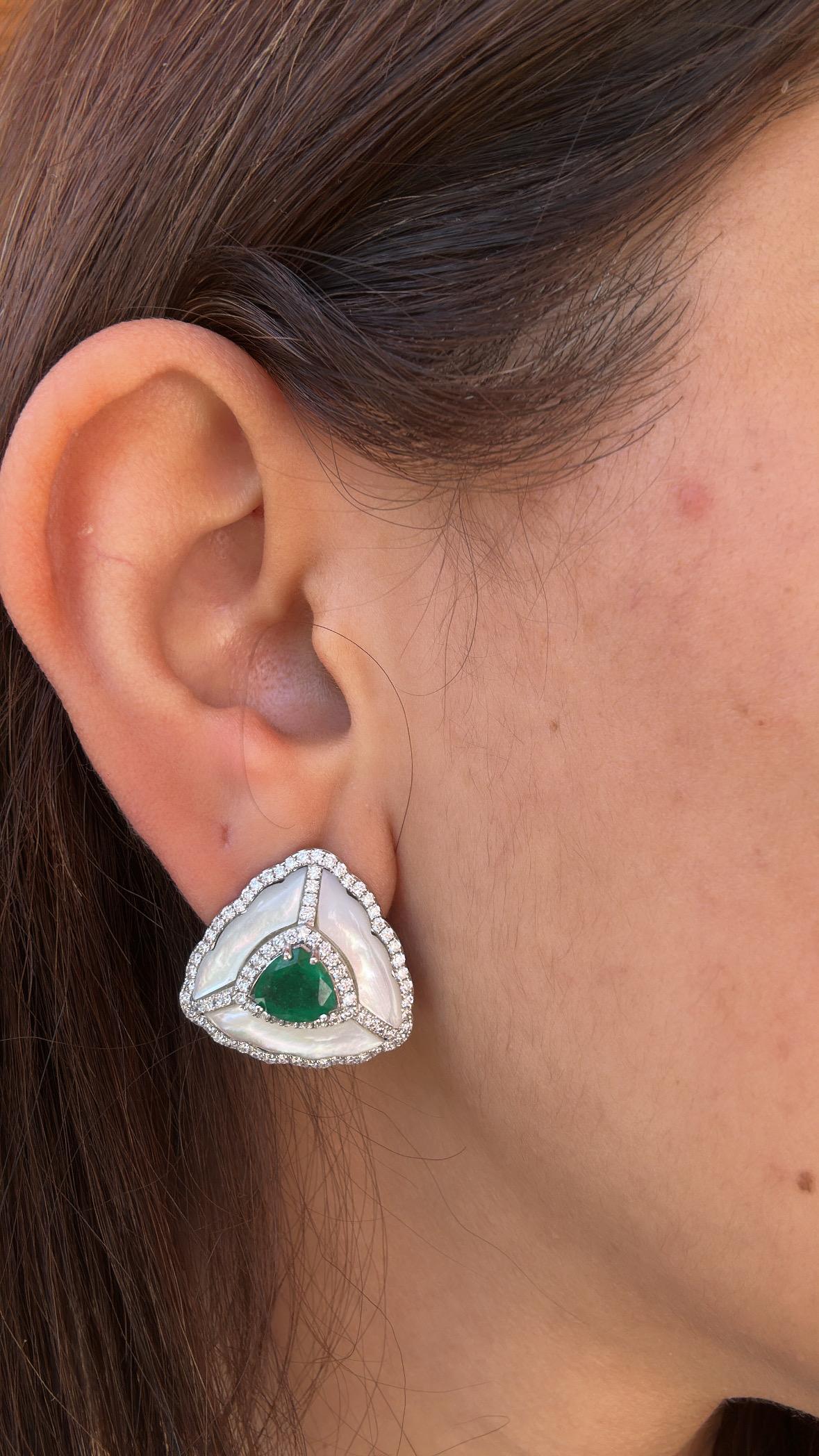Set in 18K Gold, natural Emerald, Ruby, Mother of Pearl & Diamonds Stud Earrings For Sale 3