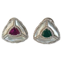Set in 18K Gold, natural Emerald, Ruby, Mother of Pearl & Diamonds Stud Earrings