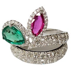 Set in 18K Gold, natural Emerald, Ruby 
Rose Cut Diamonds Engagement  Ring