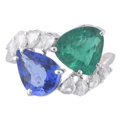 18K Gold, natural Emerald, Tanzanite and Rose Cut Diamond Cocktail Ring
