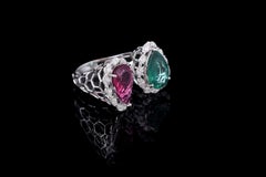 Set in 18k Gold, Natural, Emerald, Tourmaline and Diamonds 2-Stone Cocktail Ring