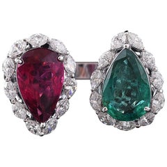 Set in 18k Gold, Natural, Emerald, Tourmaline and Diamonds 2-Stone Cocktail Ring