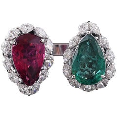 Set in 18k Gold, Natural, Emerald, Tourmaline and Diamonds 2-Stone Cocktail Ring