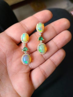 Set in 18K Gold, Natural Ethiopian Opal, Emerald & Diamonds Dangle Earrings