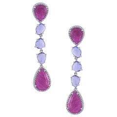 Set in 18k Gold, Natural, Flat-Cut Ruby & Blue Sapphire Chandelier Drop Earrings