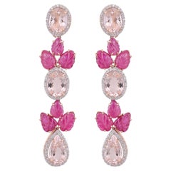 Set in 18K Gold, Natural Morganite & Carved Mozambique Ruby Chandelier Earrings