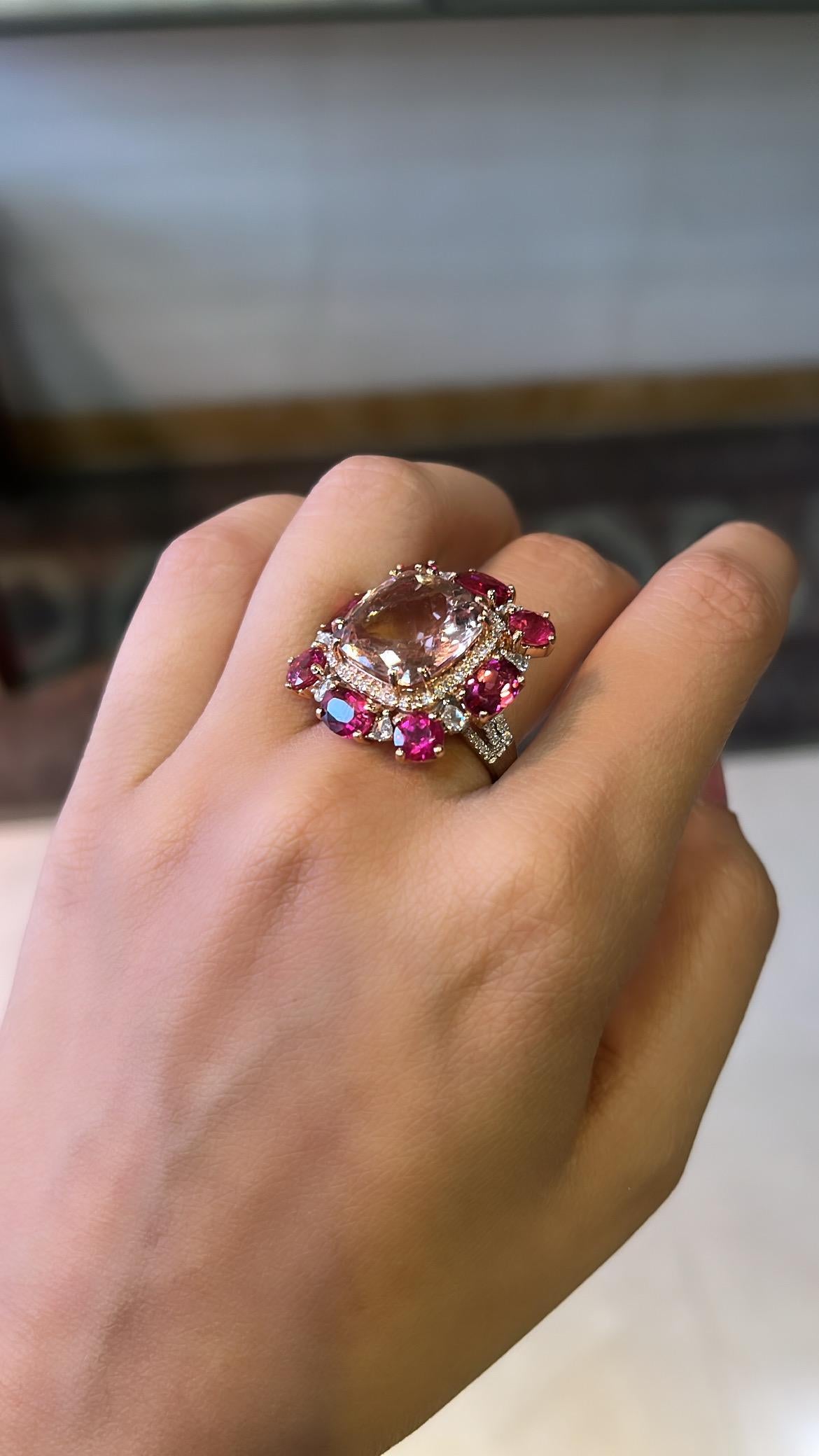 A very gorgeous and one of a kind, Morganite & Rubellite Cocktail Ring set in 18K Rose Gold & Diamonds. The weight of the Morganite is 9.27 carats. The weight of the Rubellite is 4.47 carats. The combined Diamonds weight is 0.75 carats. Net Gold