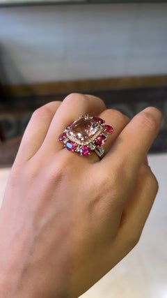 Set in 18k Gold, Natural Morganite, Rubellite & Rose Cut Diamonds Cocktail Ring