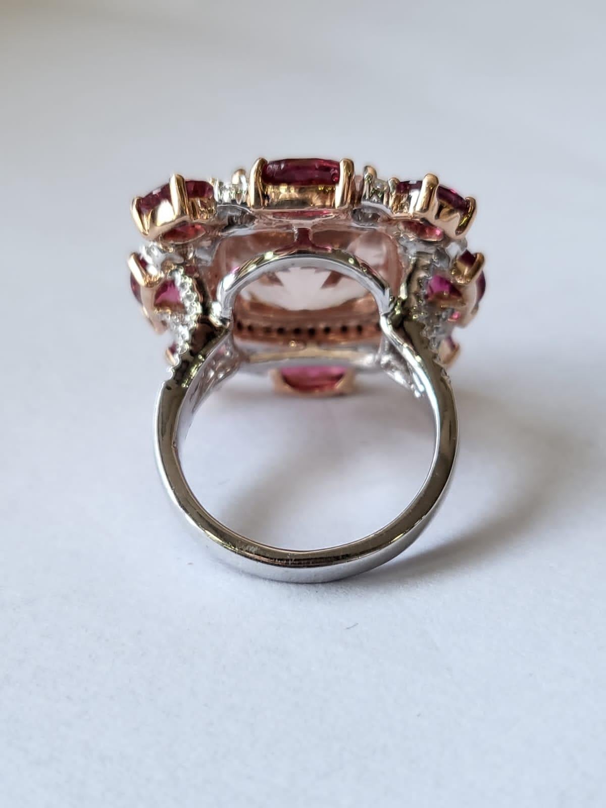Set in 18k Gold, Natural Morganite, Rubellite & Rose Cut Diamonds Cocktail Ring For Sale 1