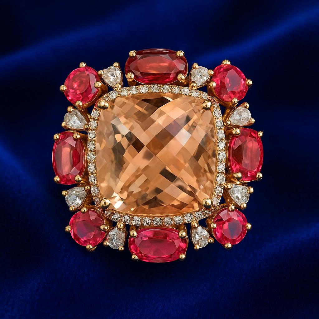 Set in 18k Gold, Natural Morganite, Rubellite & Rose Cut Diamonds Cocktail Ring For Sale 3