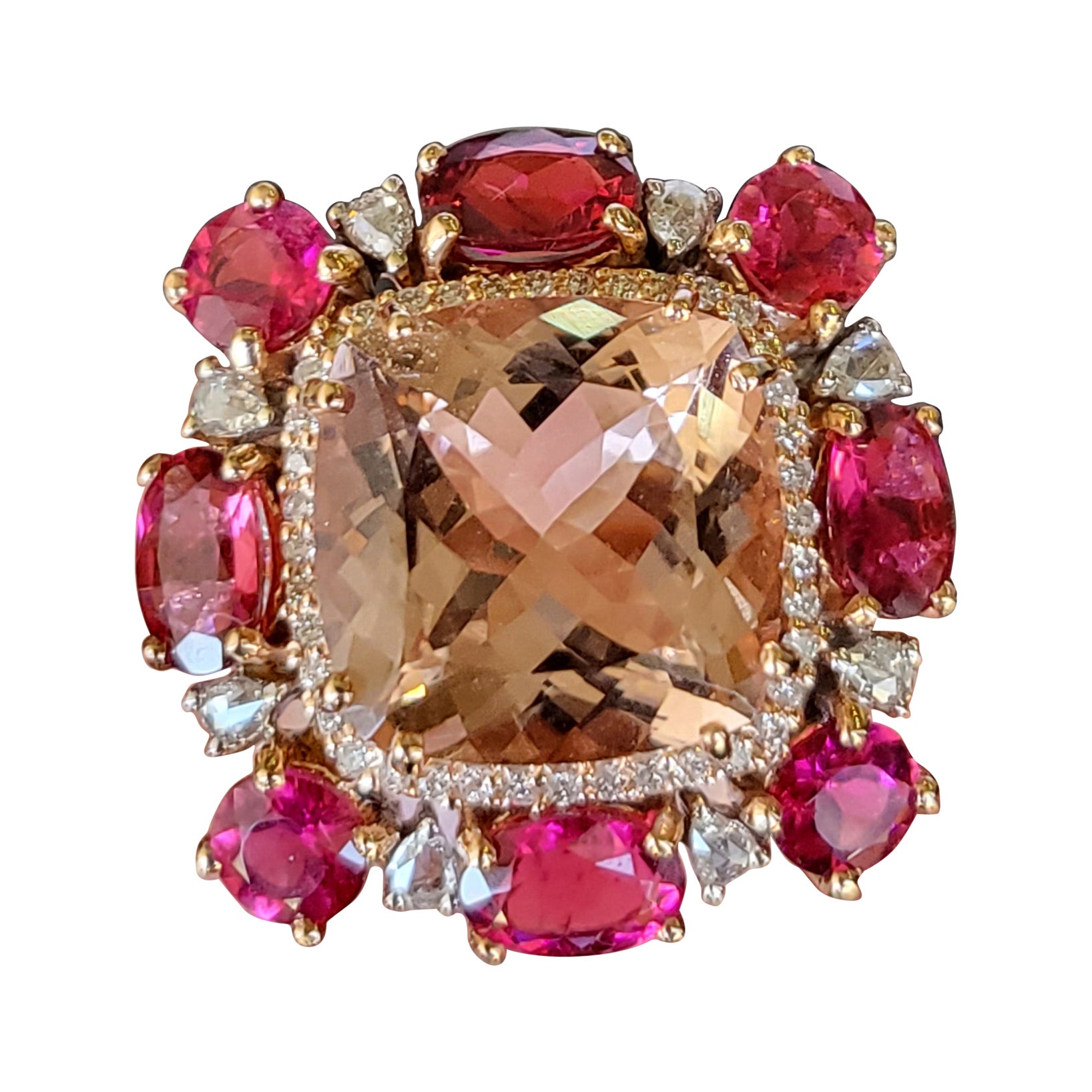 Anello da cocktail con Morganite naturale, Rubellite e diamanti taglio rosa incastonati in oro 18 carati