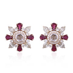 Set in 18K Gold, natural Mozambique Rubies & Rose Cut Diamonds Stud Earrings