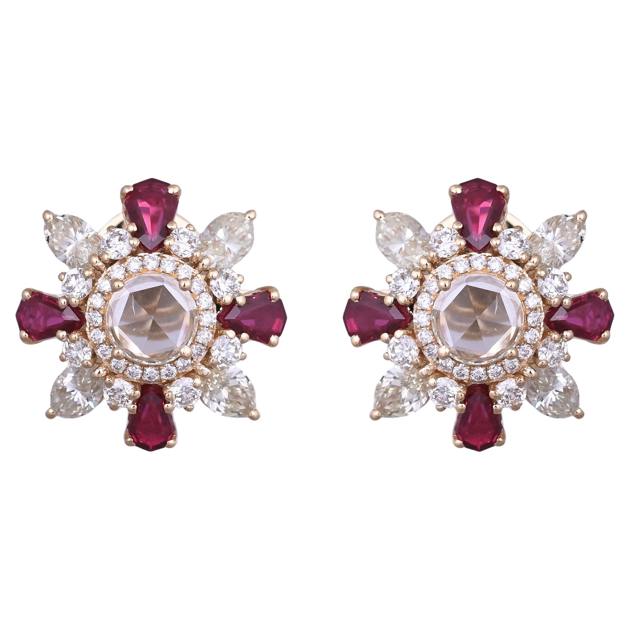 Boucles d'oreilles en or 18 carats, rubis naturels du Mozambique et diamants taillés en rose
