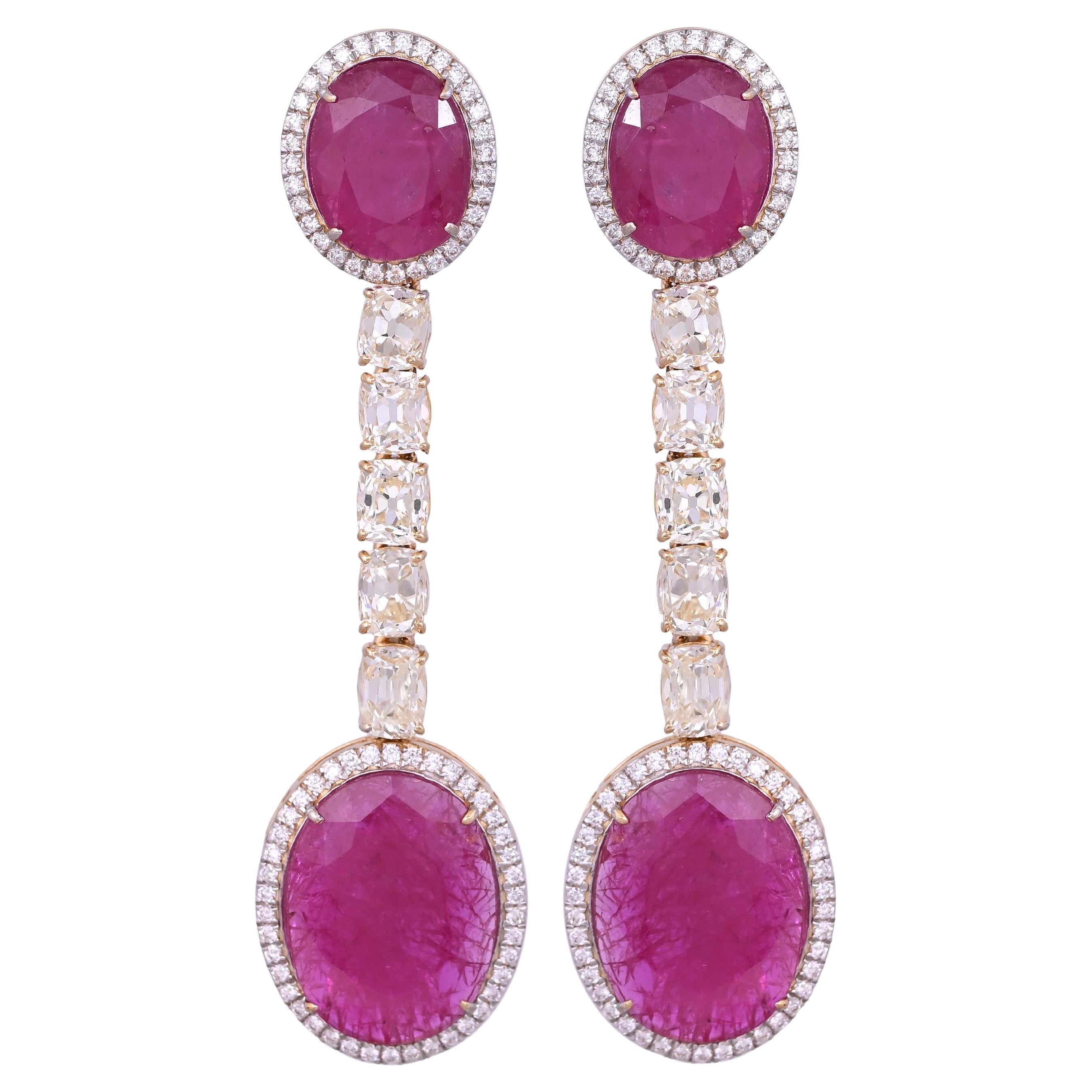 Set in 18K Gold, natural Mozambique Rubies & Yellow Diamonds Dangle Earrings