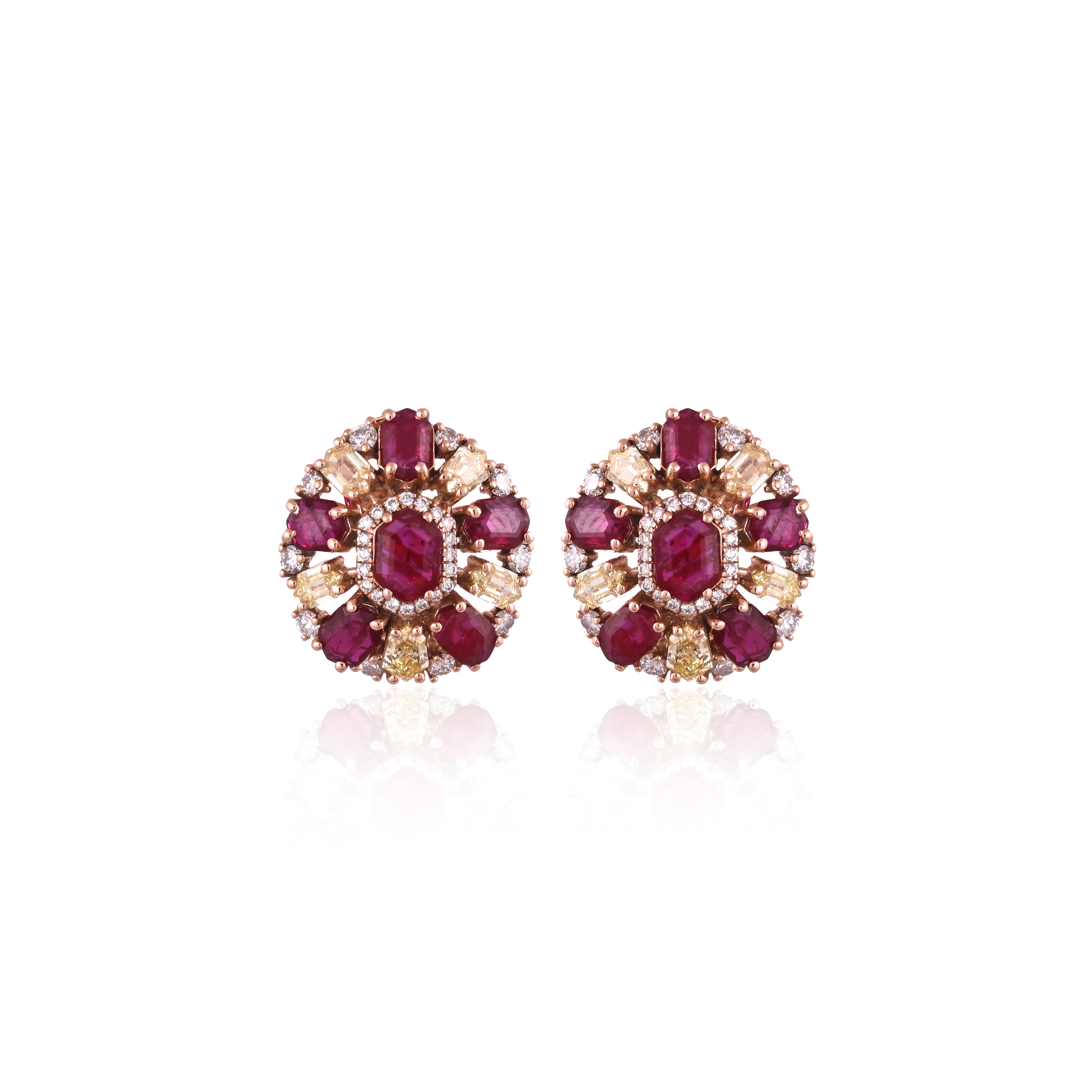 A very gorgeous and modern, modern style, Ruby Stud Earrings set in 18K Rose Gold & natural Diamonds. The weight of the Rubies is 3.88 carats. The Rubies are completely natural, without any treatment and are of Mozambique origin. The combined