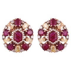 Pendientes de oro de 18 quilates, rubíes naturales de Mozambique y diamantes amarillos