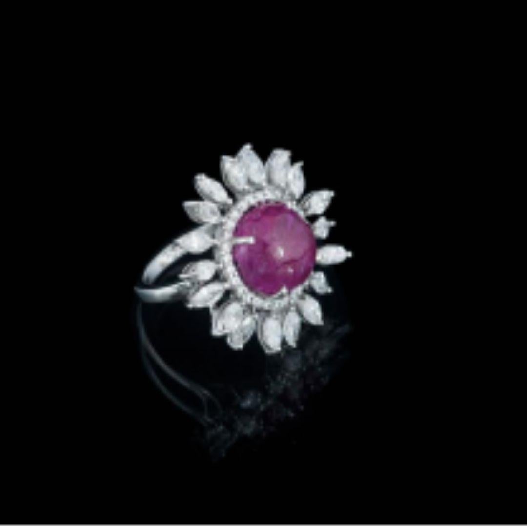 Artisan 18K Gold Natural Unheat Burma Ruby cabochon and Marquise Diamonds Cocktail Ring