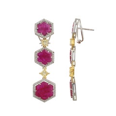 Set in 18K gold, natural Mozambique Ruby and Princess Yellow Diamond Earrings Set in 18K gold, natural Mozambique Ruby and Princess Yellow Diamond Earrings