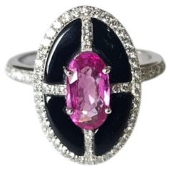 Verlobungsring aus 18 Karat Gold, natürlicher Rubin aus Mosambik, schwarzer Onyx und Diamanten