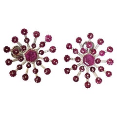 Set in 18K Gold, natural Mozambique Ruby & Diamonds "Starburst" Stud Earrings