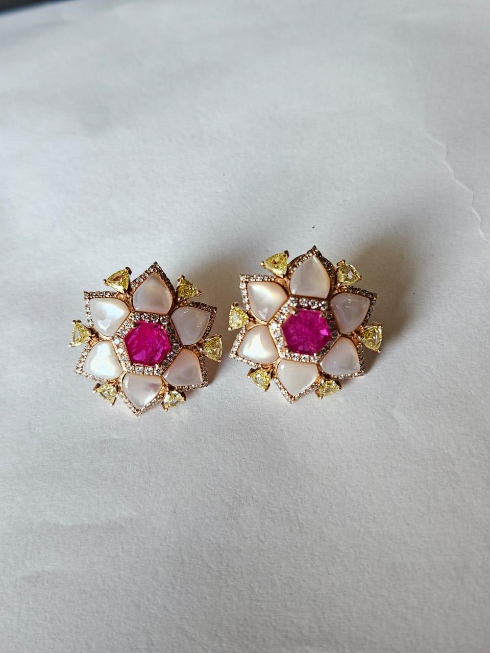 Set in 18K Gold, natural Mozambique Ruby, Mother of Pearl & Diamond Stud Earring For Sale 4