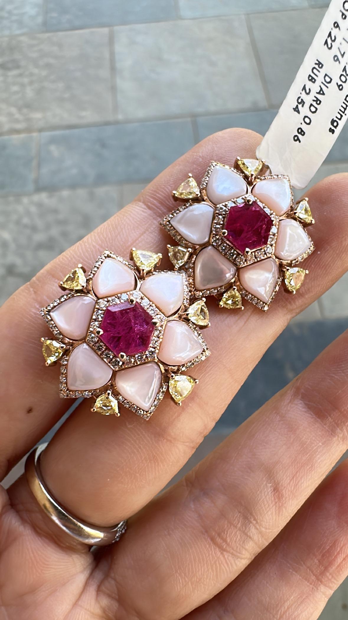A very gorgeous and beautiful, modern style, Ruby & Mother of Pearl Stud Earrings set in 18K Rose Gold & natural Diamonds. The weight of the Hexagon shaped Ruby is 2.54 carats. The Rubies are completely natural, without any treatment and are of