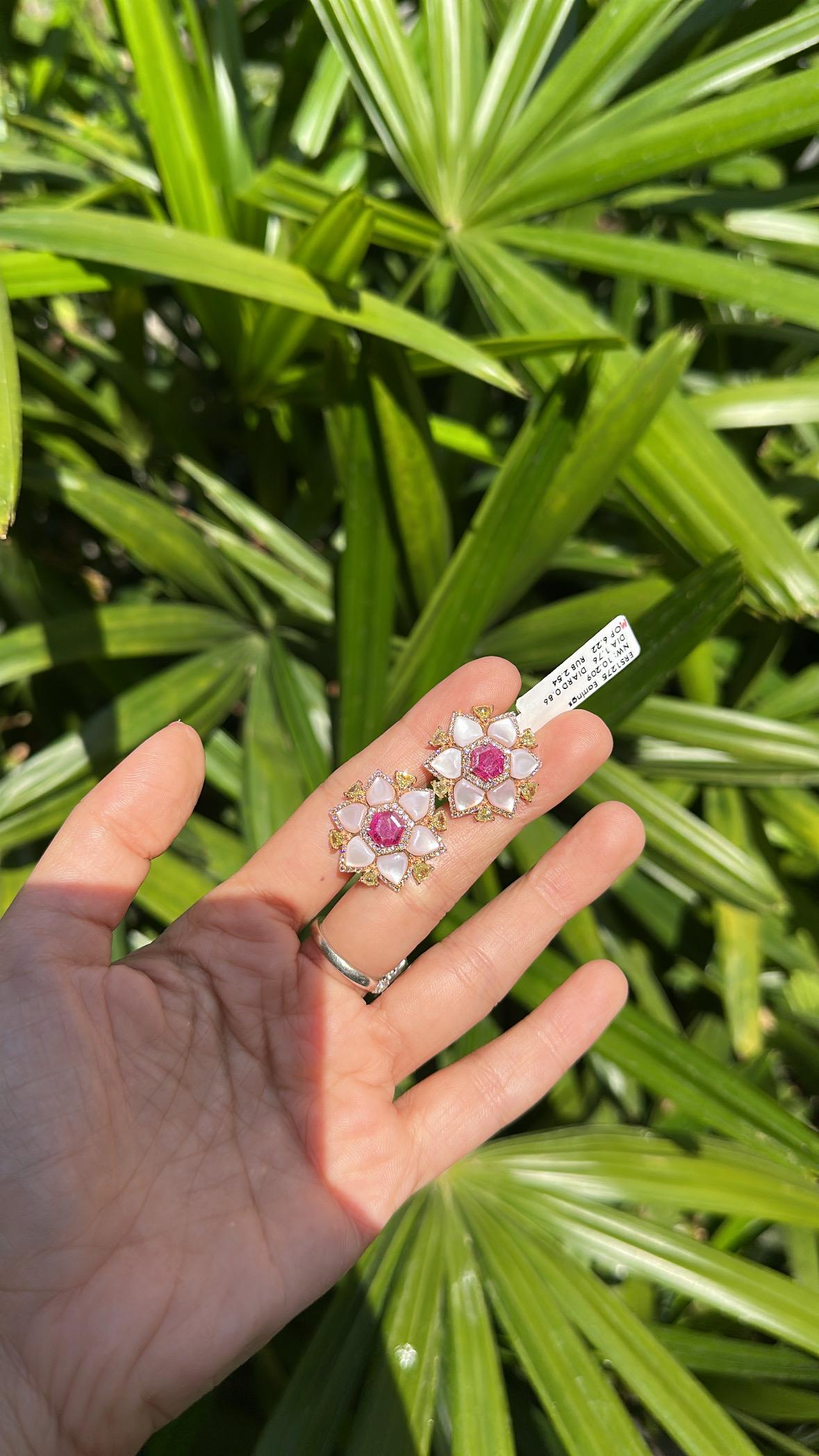 Hexagon Cut Set in 18K Gold, natural Mozambique Ruby, Mother of Pearl & Diamond Stud Earring For Sale