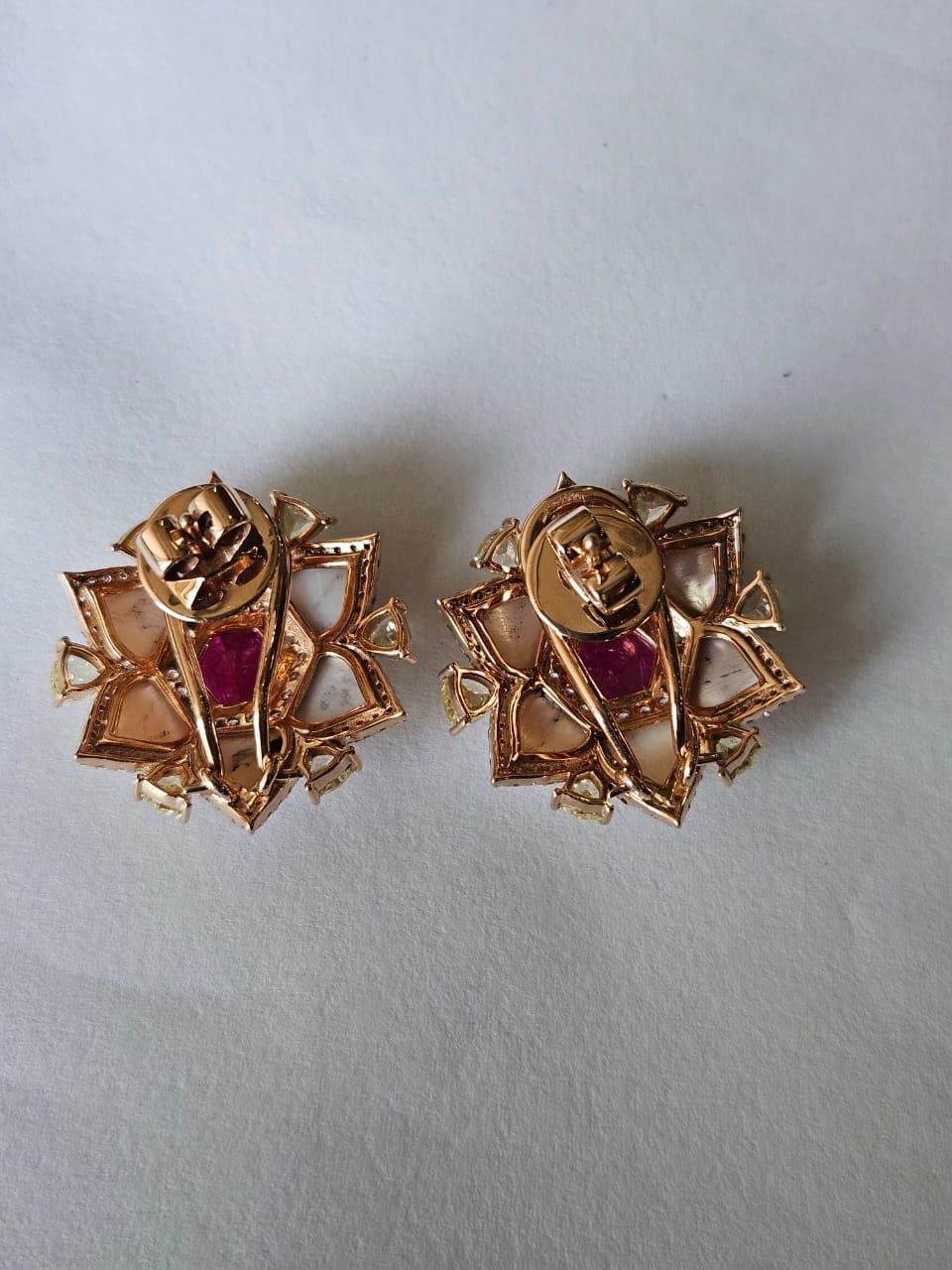 Set in 18K Gold, natural Mozambique Ruby, Mother of Pearl & Diamond Stud Earring For Sale 2