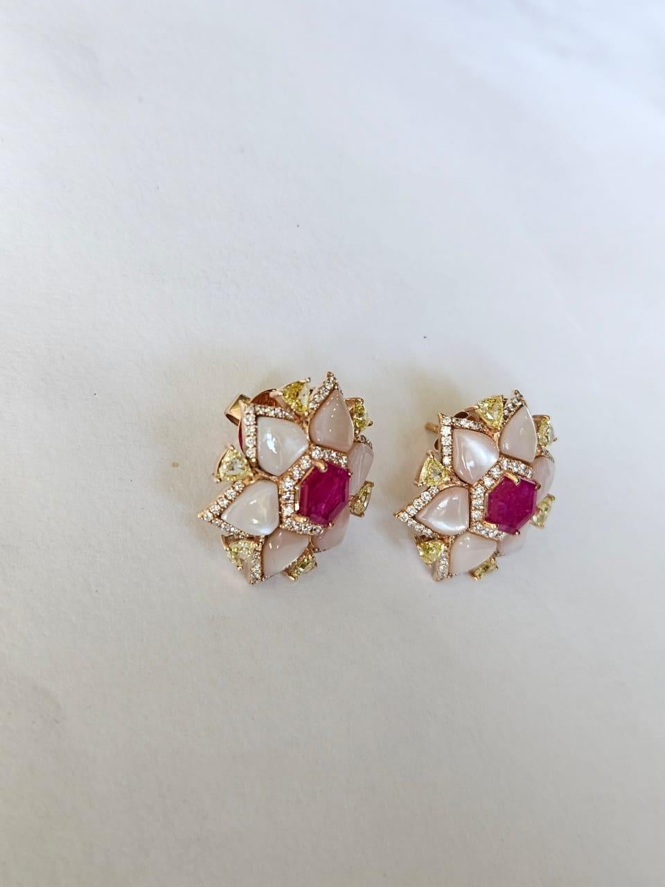 Set in 18K Gold, natural Mozambique Ruby, Mother of Pearl & Diamond Stud Earring For Sale 3