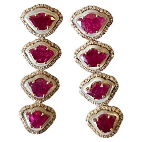 Set in 18K Gold, natural Mozambique Ruby, Pearl & Diamonds Chandelier Earrings