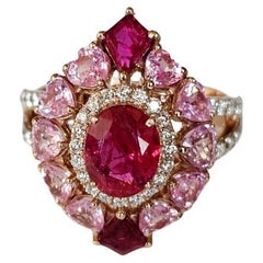 Set in 18K Gold, natural Mozambique Ruby, Pink Sapphire & Diamonds Cocktail Ring