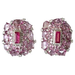 Set in 18K Gold, natural Mozambique Ruby, Pink Sapphires & Diamonds Stud Earring