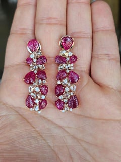 Set in 18K Gold, natural Mozambique Ruby & Rose cut Diamonds Chandelier Earrings
