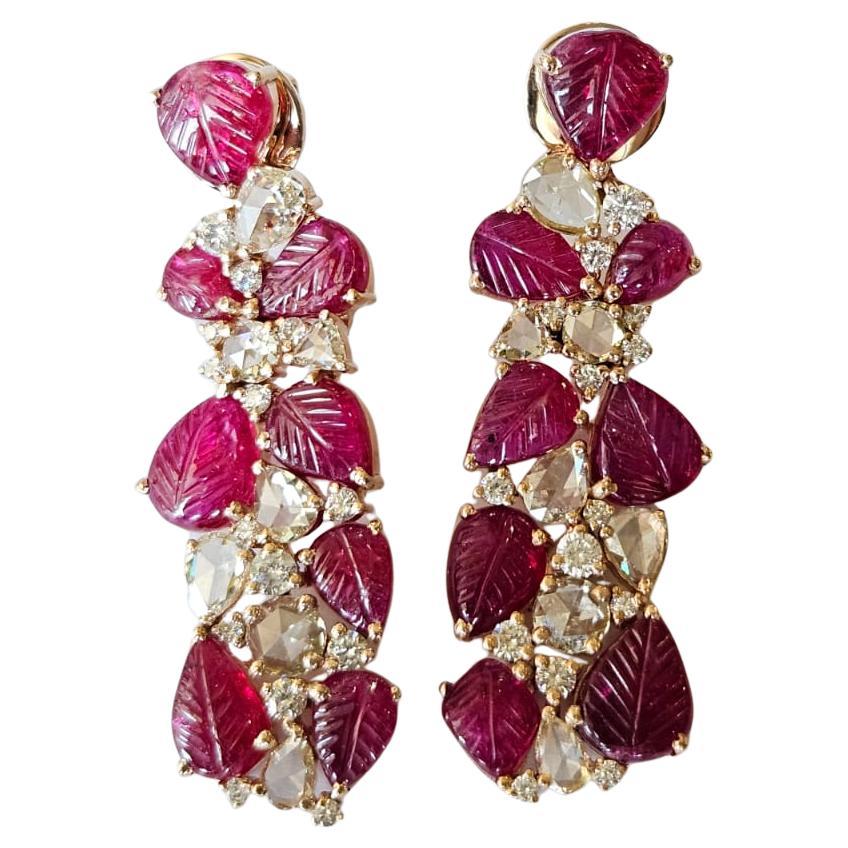 Set in 18K Gold, natural Mozambique Ruby & Rose cut Diamonds Chandelier Earrings