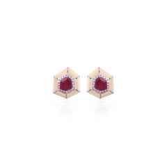 Set in 18K Gold, natural Mozambique Ruby, White Enamel & Diamonds Stud Earrings